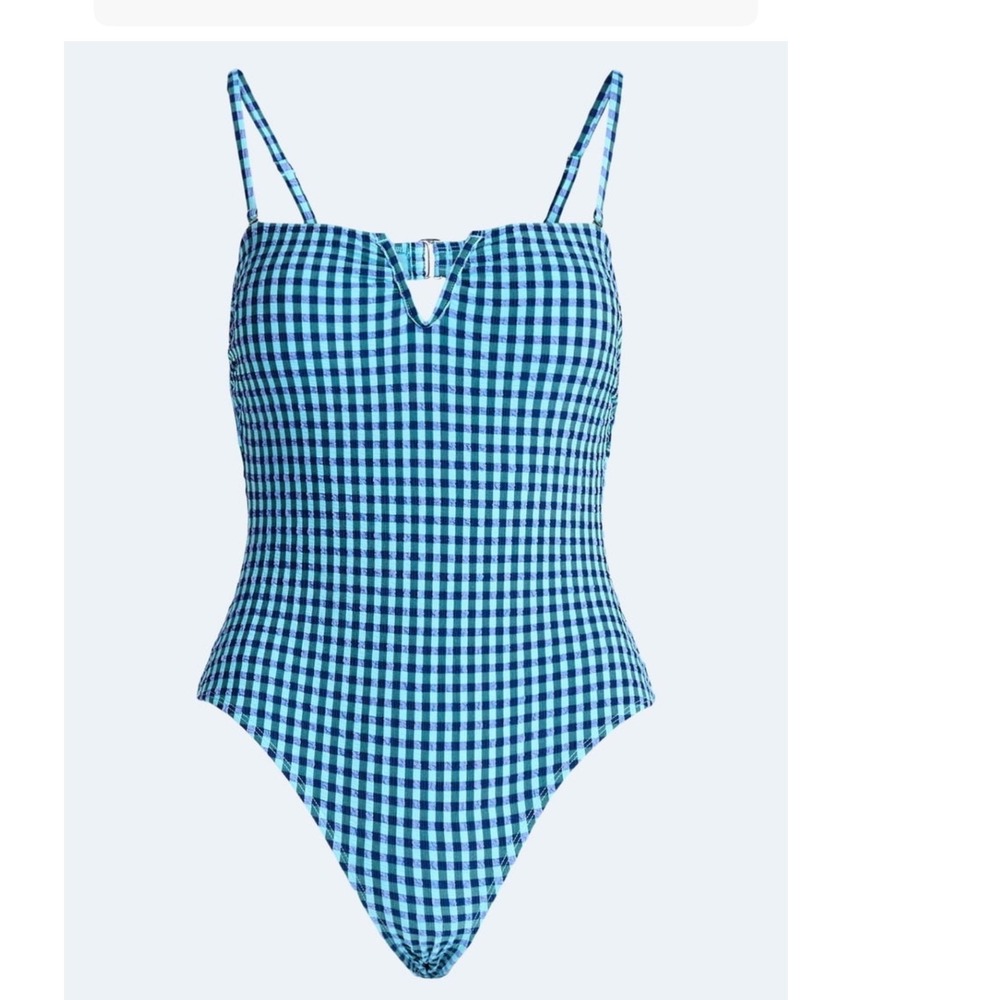 Free Assembly Blue Gingham V-Wire One Piece Swimsuit Cheeky High Leg Size M 8-10